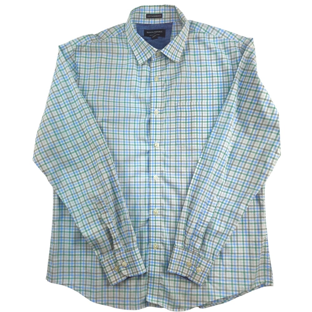 Banana Republic Mens Plaid Organic Cotton Untucked Fit Button Down Shirt